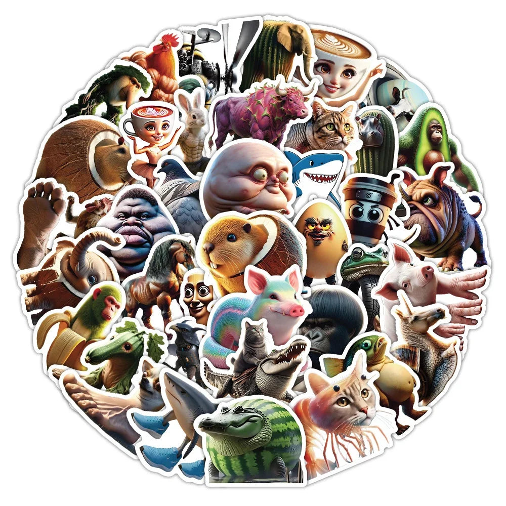 50Pcs Abstract Animal Stickers - Cartoon DIY Decals for Luggage, Phone, Cups, Guitar and More
