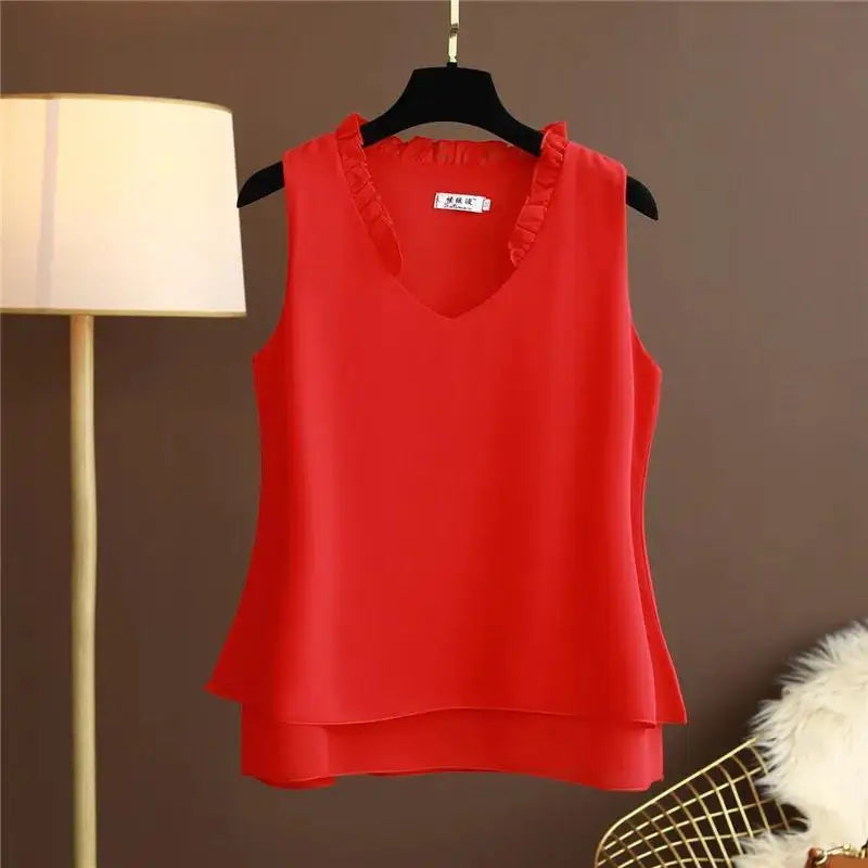 Women's Chiffon V Neck Blouse - Loose Sleeveless Plus Size Fashion Top M-5XL