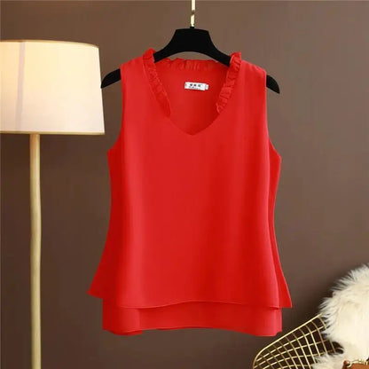 Women's Chiffon V Neck Blouse - Loose Sleeveless Plus Size Fashion Top M-5XL
