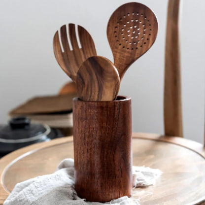 Wood Kitchenware Cooking Set – Household Spatula, Spoon, Fork & Salad Utensils with Storage Bucket