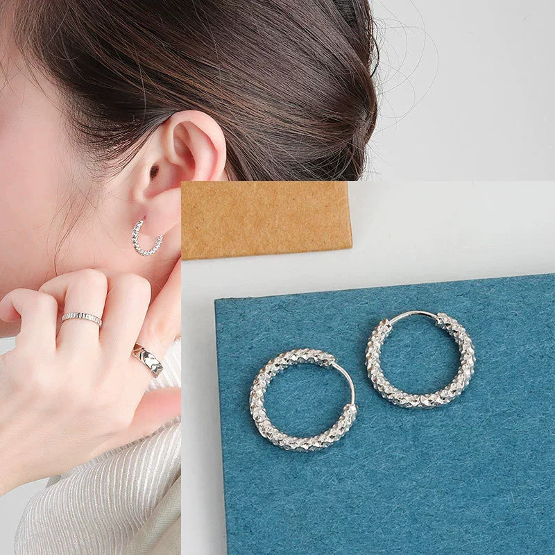 PANJBJ925 Sterling Silver Hoop Earrings - Frosted Geometric Design Fashion Jewelry Gift for Women