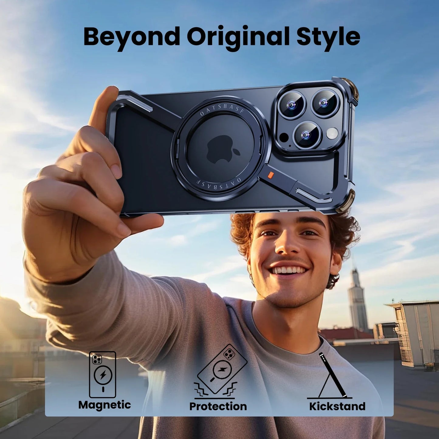 Oatsbasf Z-Shape Metal Phone Case for iPhone 15/16 Pro Max | Shockproof Cover with 360° Rotating Holder