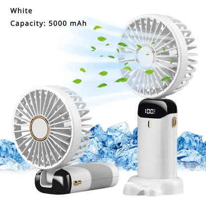 5000mAh Handheld Mini Fan – Wireless USB Rechargeable Portable Fan with Digital Display, Phone Holder, 5-Speed Foldable Neck Hanging Fan