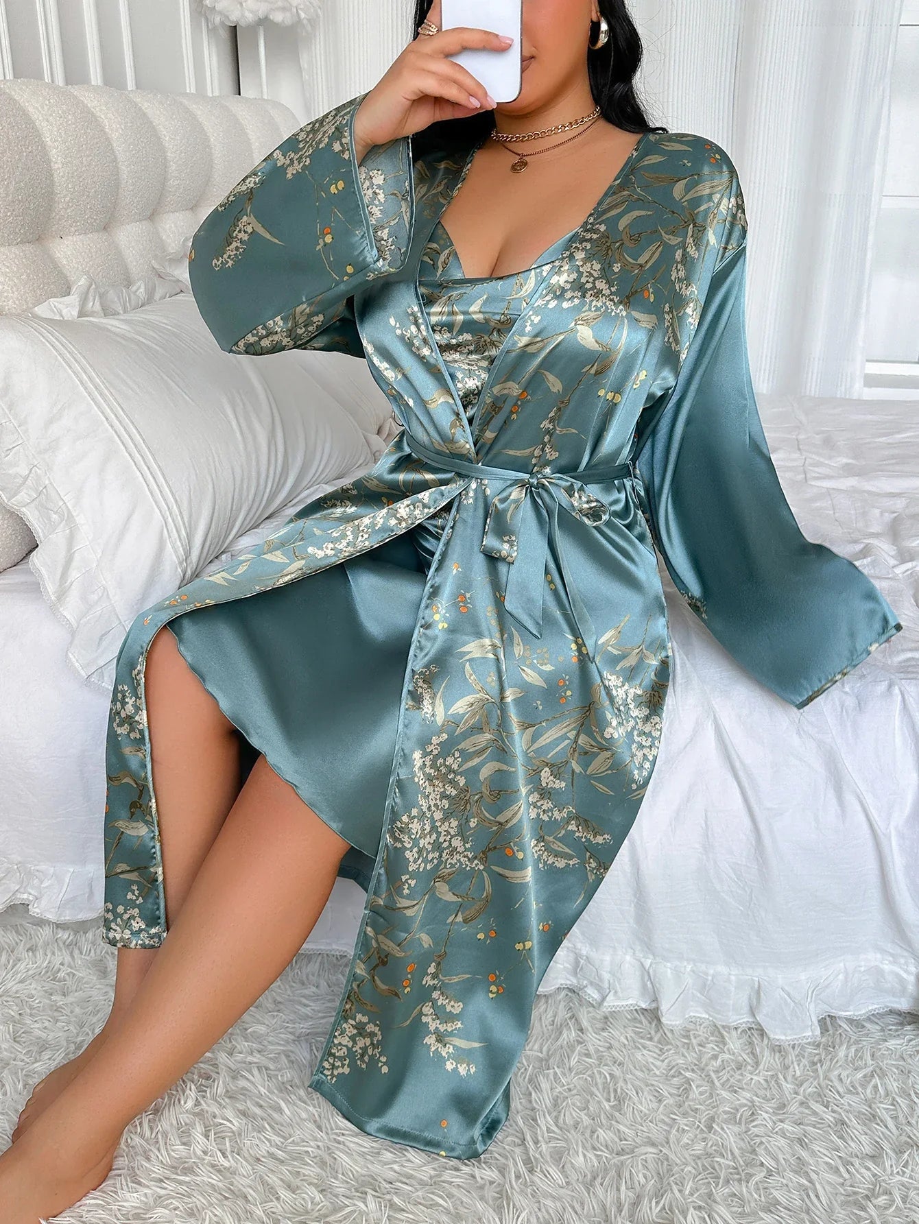 Plus Size Cherry Floral Pajama Set - Sexy Slip Nightgown with Robe Two Piece Women’s Loungewear Sleepwear