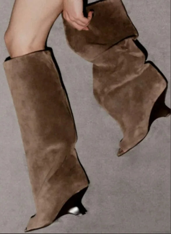 Women’s Knee-High Suede Boots - Peep Toe Wedge Heels for Party, Wedding & Versatile Style