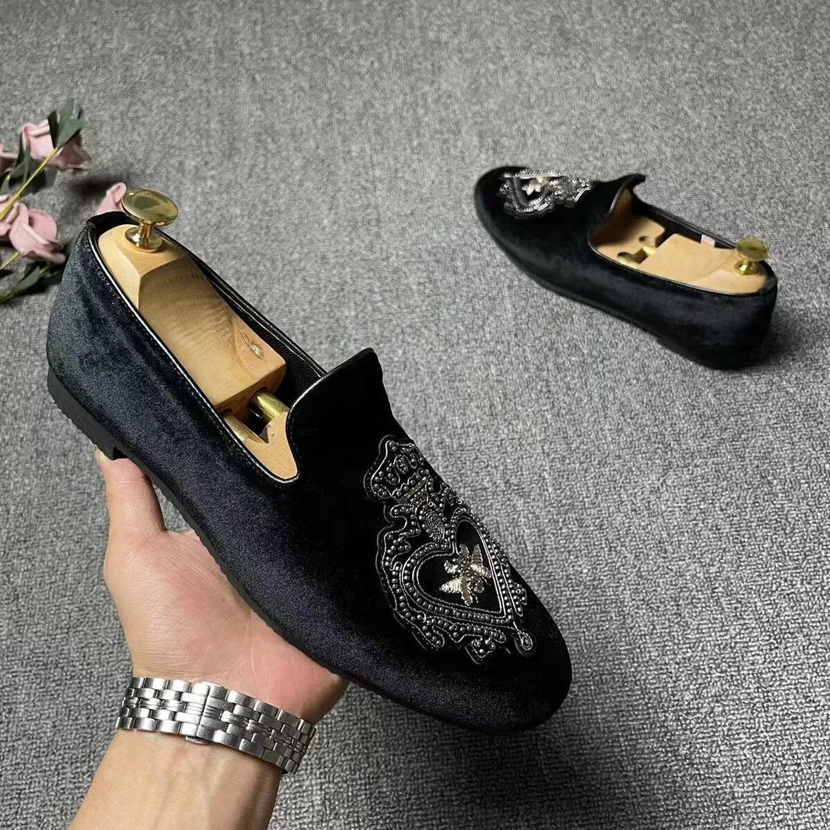 Men’s Luxury Embroidered Loafers - Black Wedding Tuxedo, Business & Formal Dress Shoes