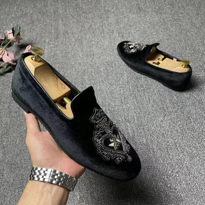 Men’s Luxury Embroidered Loafers - Black Wedding Tuxedo, Business & Formal Dress Shoes
