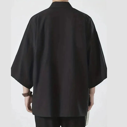 Men’s Casual Open Stitch Shirt - Lightweight Black Yukata Cardigan with 3/4 Sleeves for Summer Vacation