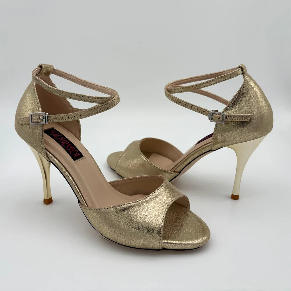 Gold Leather Argentina Tango Shoes - High Heel Flamenco Party Dance Shoes 7.5cm/9cm