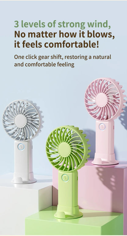 Portable Mini USB Fan – Handheld & Desktop Fan with Phone Holder, 3-Speed Adjustable Wind, Long Battery Life, Multi-Function Cooling Fan
