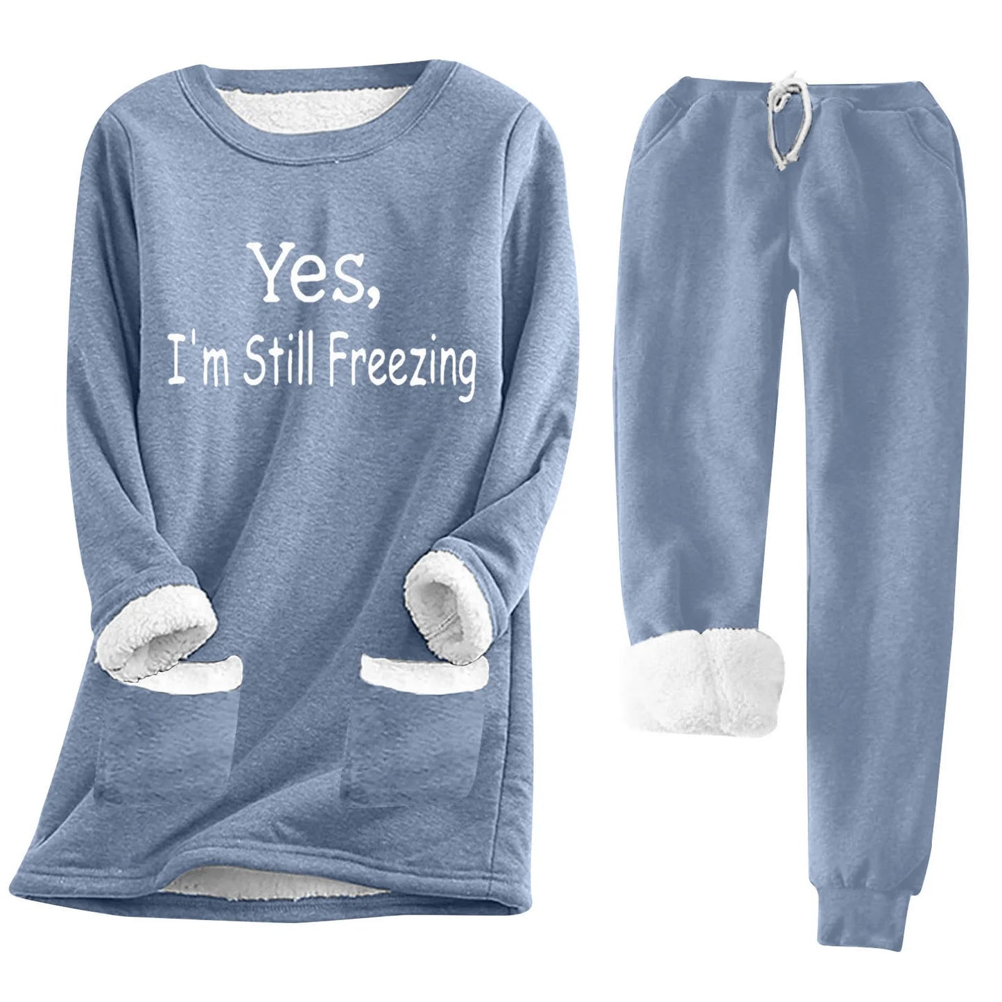 Women's Autumn Winter Fleece Pajama Set - Long Sleeve Sweatshirt & Drawstring Waist Pocket Pants