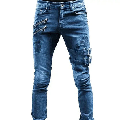 2024 Plus Size Men’s Straight Jeans – Casual Skinny Streetwear Denim Pants with Zippers in 3 Colors