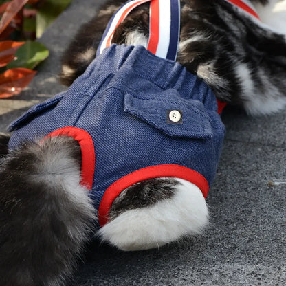 Pet Denim Female Panties - Adjustable Strap Dog Cat Shorts Anti-Harassment Safety Underwear for Small Pets