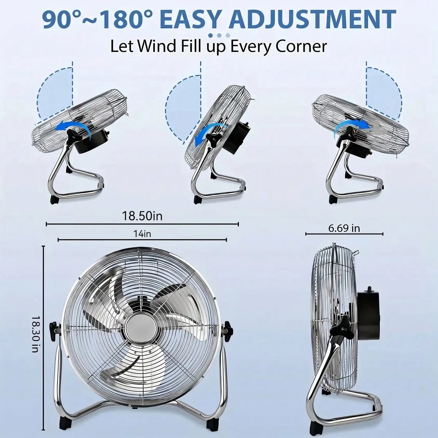 Pnochoo 14-Inch Industrial Fan - 3-Speed Aluminum Floor & Tabletop Air Circulator