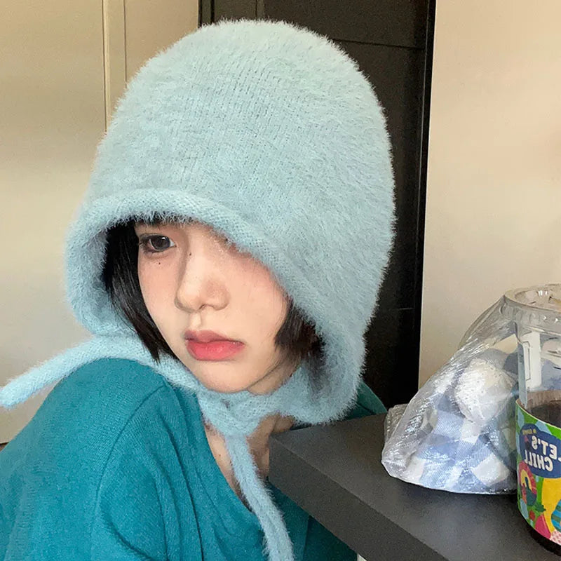 Y2K Cute Beanie Hat – Warm Japanese Knit for Autumn & Winter, Ear Protection, Tie Pullover Cap for Men & Women