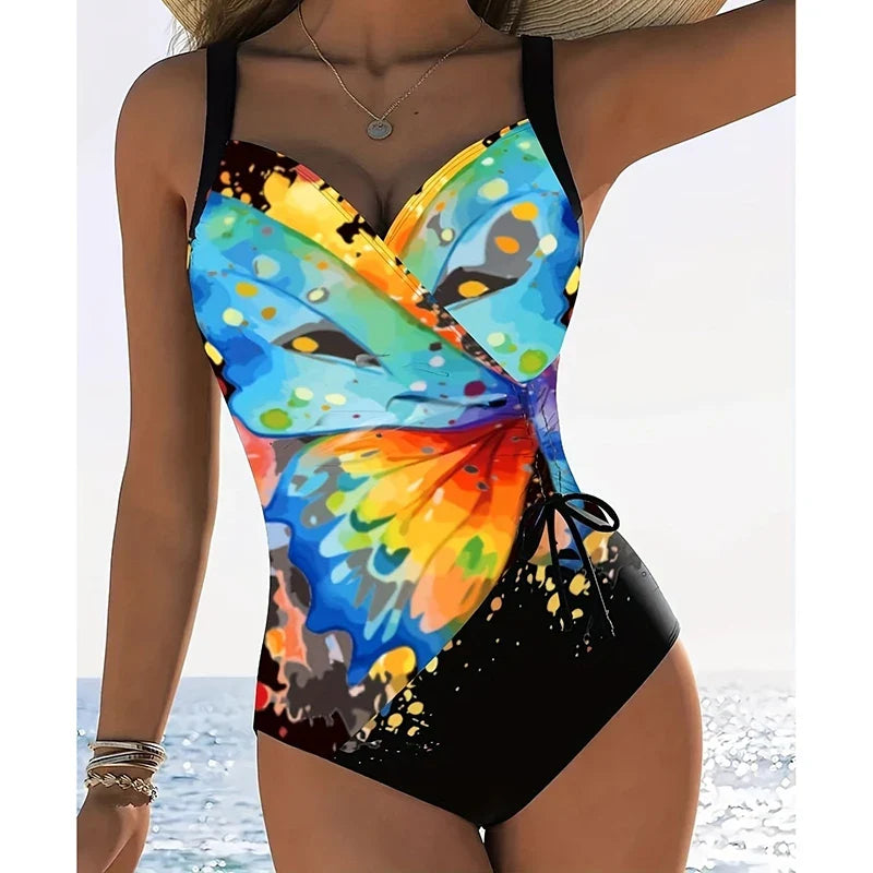 Printed V Neck One Piece Swimsuit - Women's Slim Fit Side Drawstring Bodysuit Beachwear Bathing Suit
