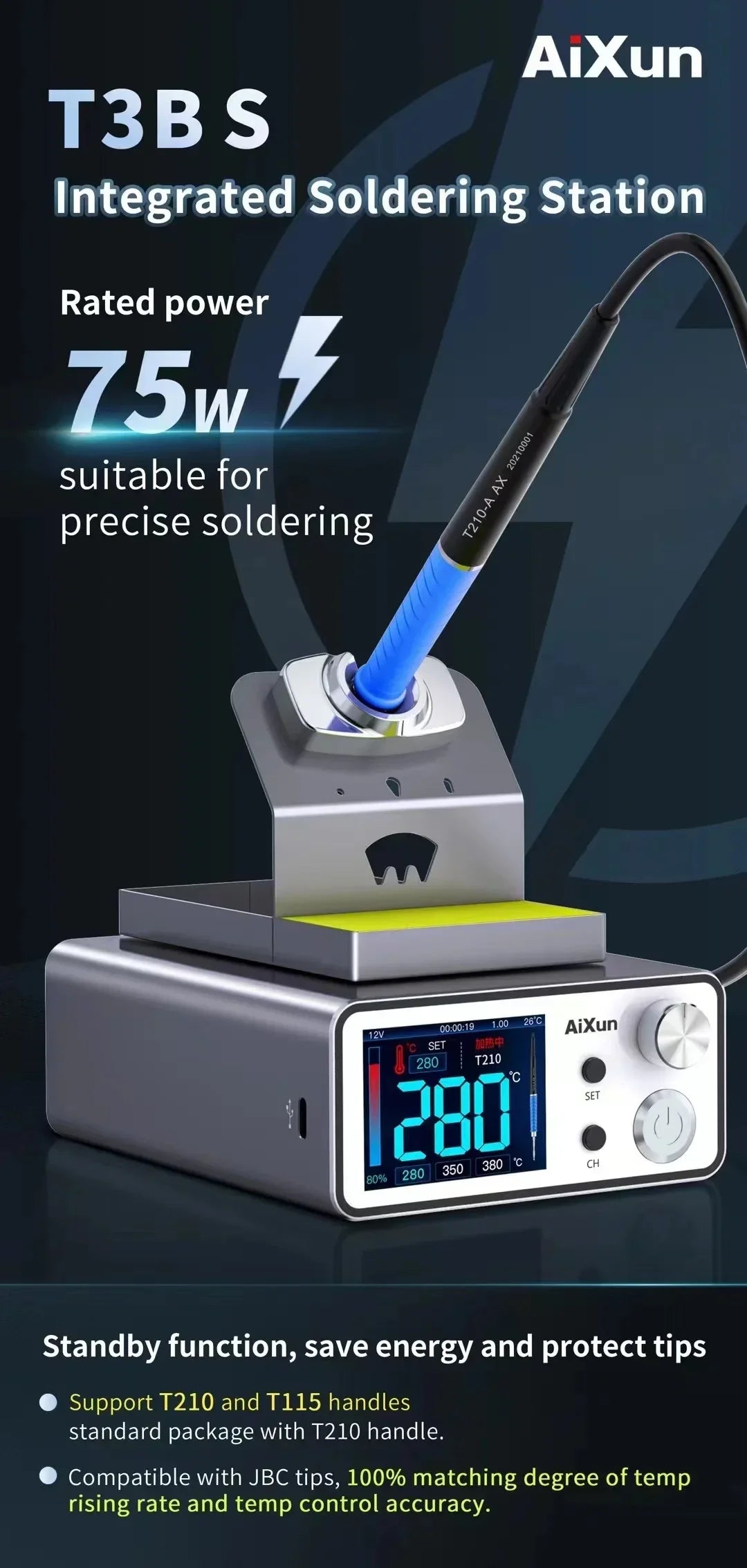 AIXUN T3A/T3B Intelligent Soldering Station – Rework Station for PCB & BGA Soldering with T115/T210/T245/T12 Tools