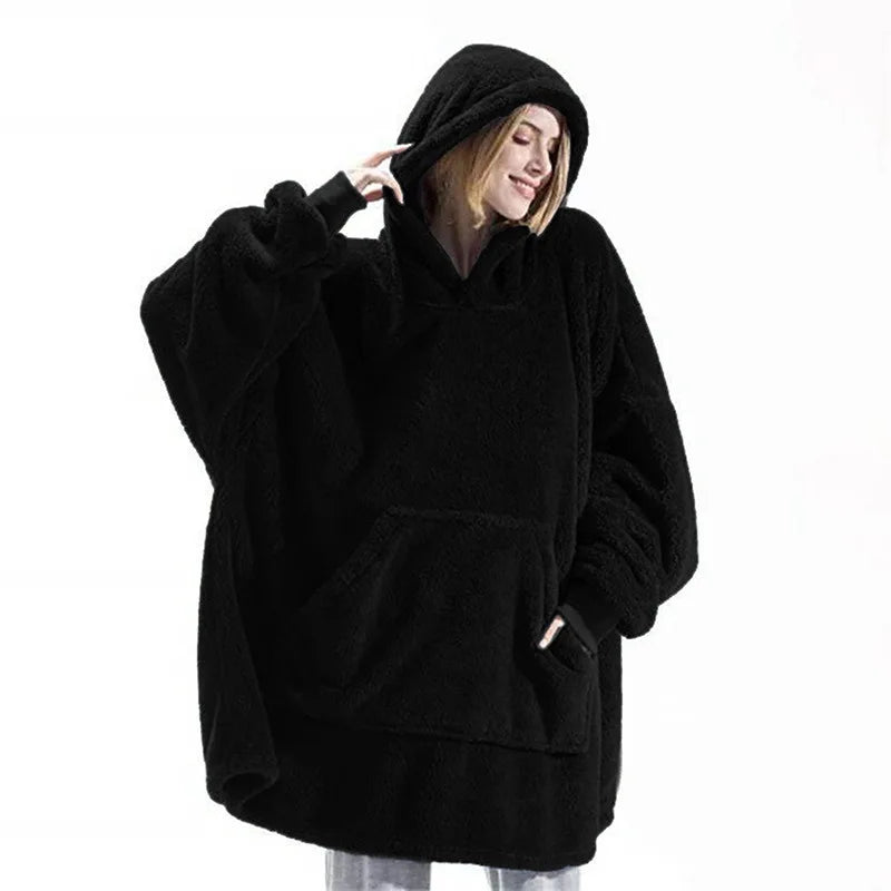Women’s Winter Hooded Fleece Jacket – Thick, Warm, Solid Color Pullover with Pockets, Elegant Unisex Long Hoodie for Home Wear