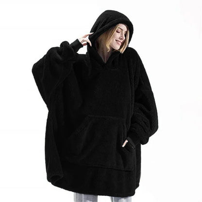 Women’s Winter Hooded Fleece Jacket – Thick, Warm, Solid Color Pullover with Pockets, Elegant Unisex Long Hoodie for Home Wear