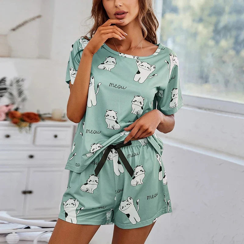 Women's 2-Piece Pajamas Set – Short Sleeve Cartoon Print Top and Pants Sleepwear Loungewear
