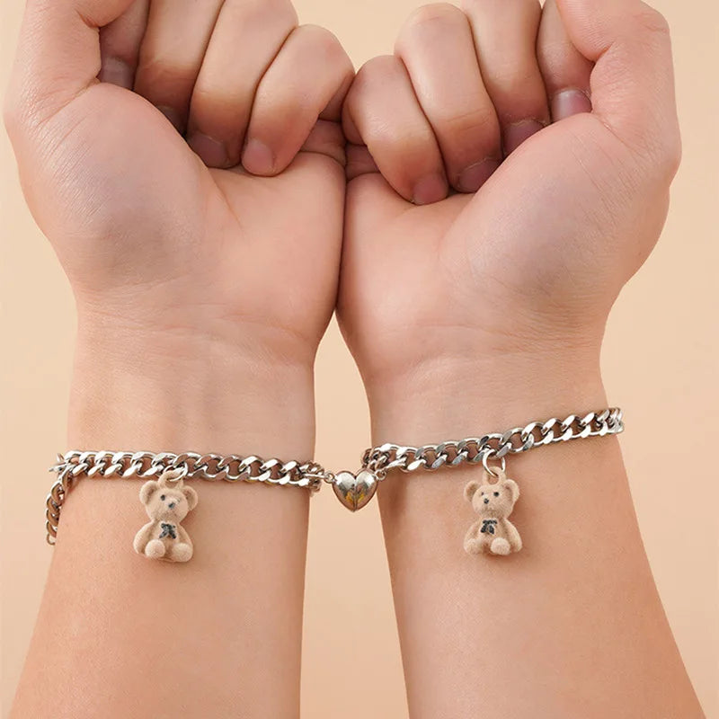 2-Piece Magnetic Couple Bracelet Set - Stainless Steel Heart Charm Cuban Chain Jewelry Gifts