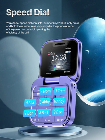 SERVO I16 Pro Mini Fold Mobile Phone — Dual SIM 2G GSM Flip Cellphone with Speed Dial, FM, 3.5mm Jack & Video Player