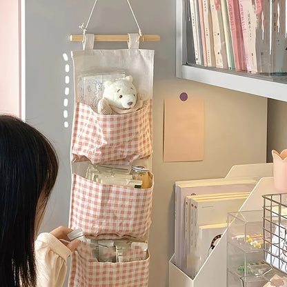 Pink Wall Storage Bag Rack - Canvas Hanging Organizer for Books, Jewelry & Bedroom Accessories