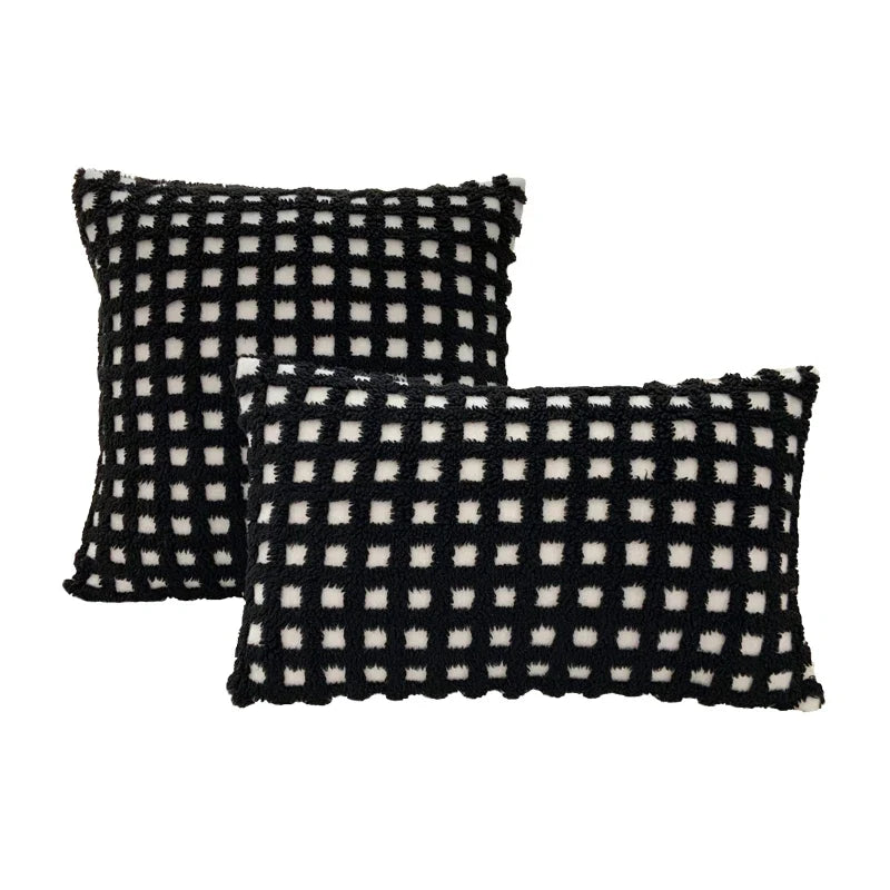 BUYNOW Plush Grid Pillowcase - Cute Decorative Sofa Cushion Cover for Living Room Home Decor