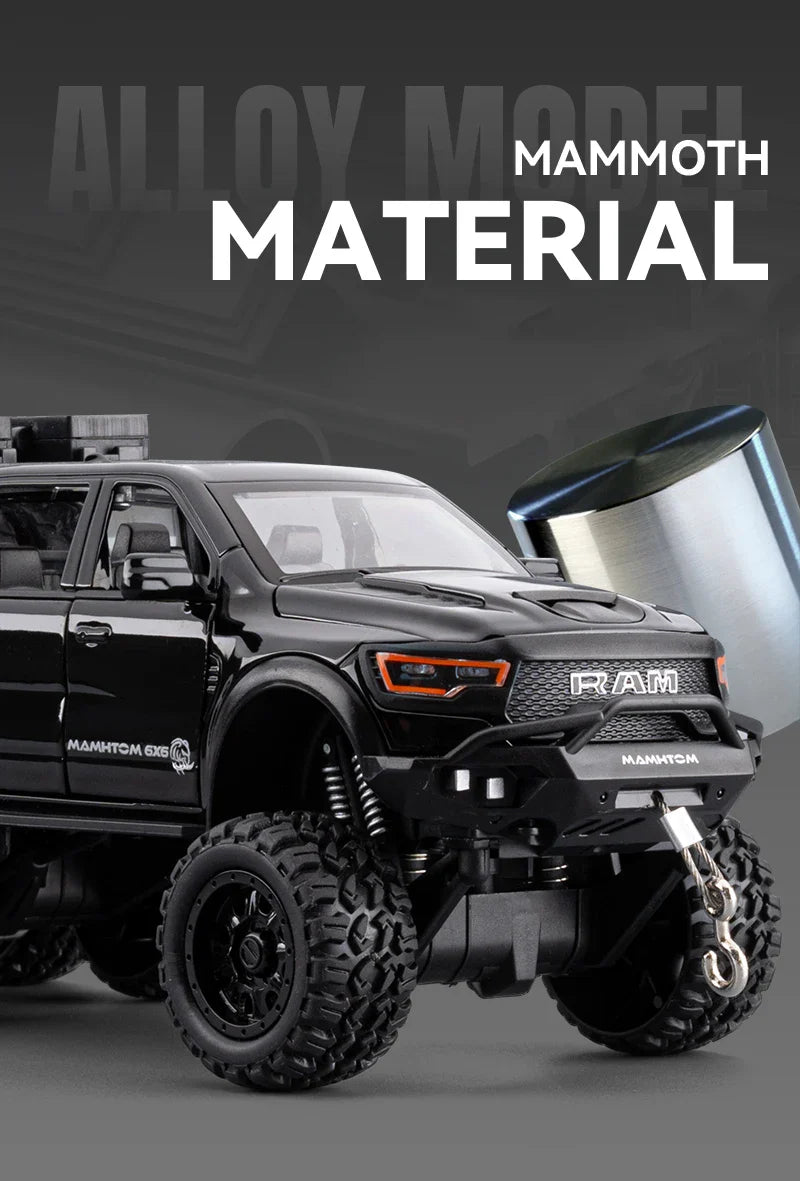1:24 Dodge Mammoth RAM 1000 TRX 6x6 Diecast Model – Metal Alloy Pickup Toy Car with Lights for Kids & Collectors