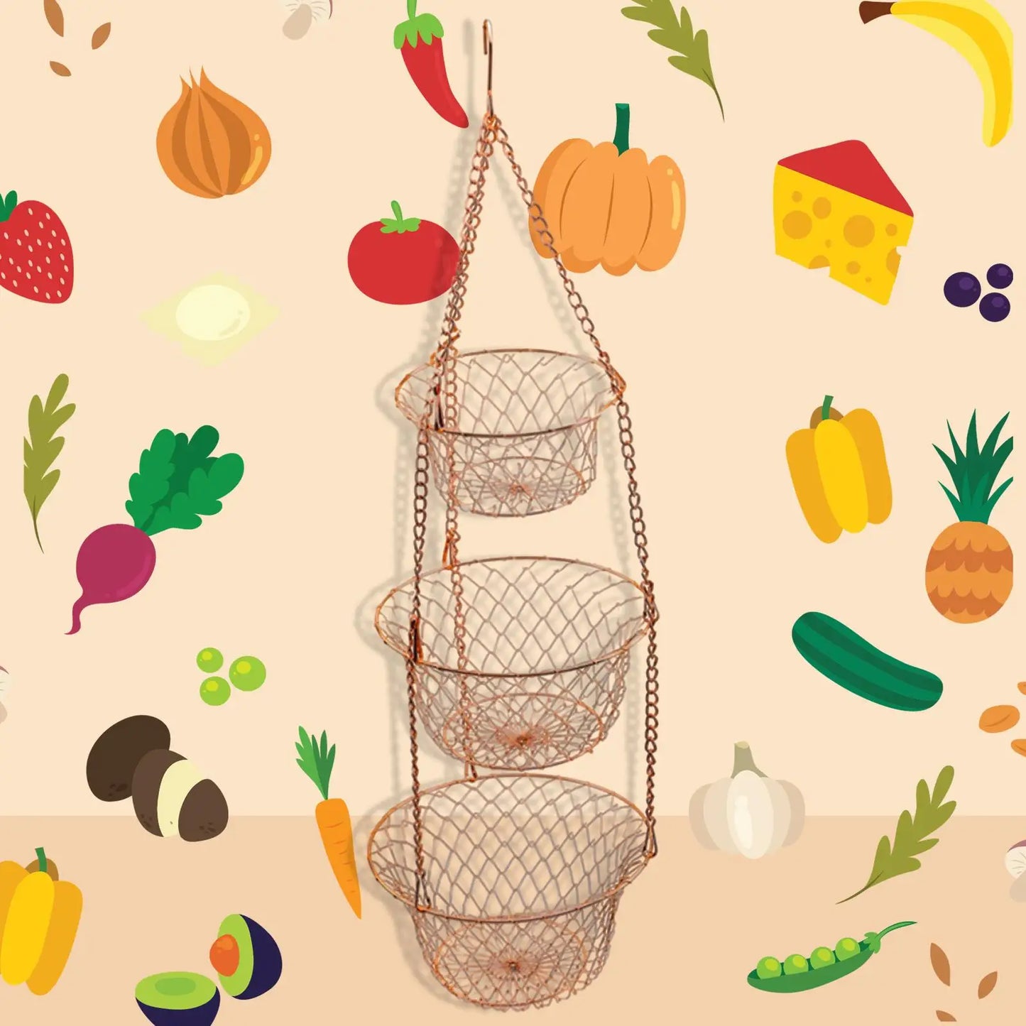 3-Tier Hanging Kitchen Organizer Basket – Large Capacity Vegetable & Snack Storage Shelf