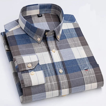 Men’s Cotton Oxford Shirt - Smart Casual Long Sleeve Plaid Print Dress Shirt, Regular Fit up to 6XL