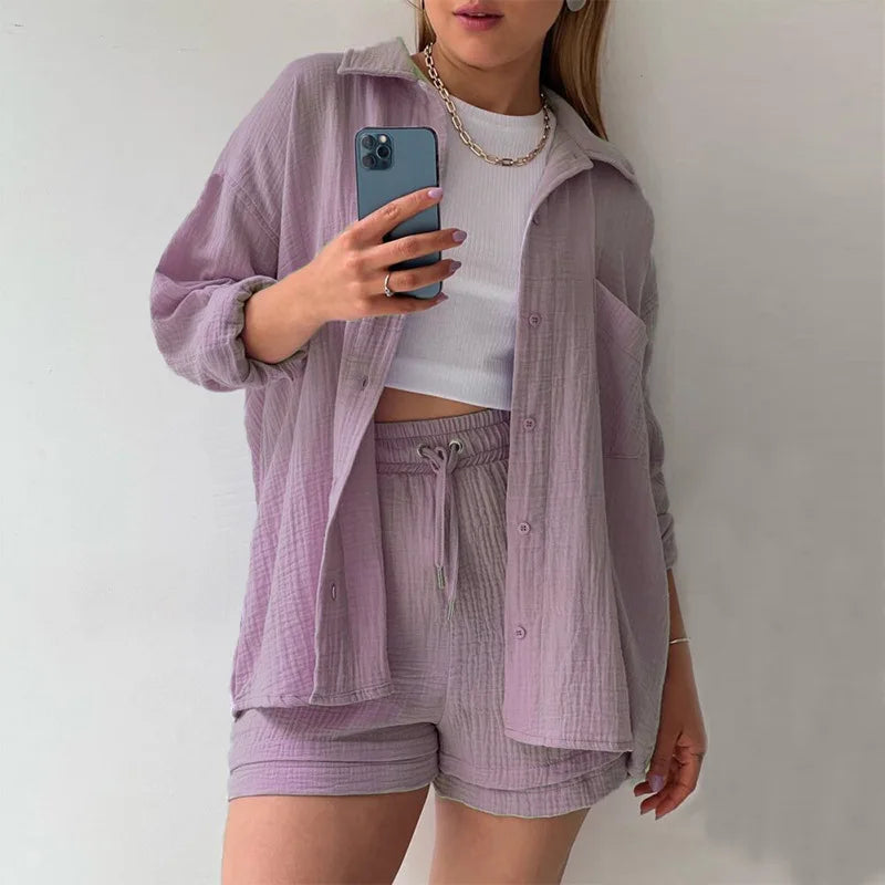 2025 Women’s Summer Two-Piece Set – Solid Color Casual Loose Short Pants & Top Outfit