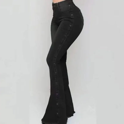 Women’s High Waist Flare Jeans - Stretch Denim Vintage Button Trousers for Spring Autumn Streetwear Fashion