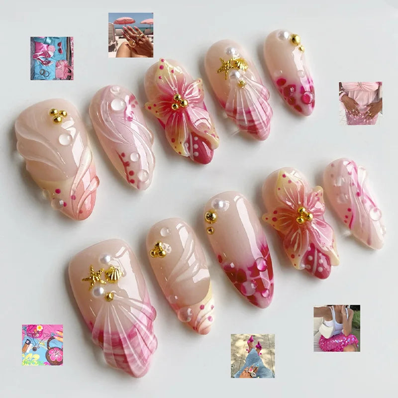 24PCS Strawberry Bow Press On Nails - Red Short Almond Pearl Starlight Floral False Nail Art Tips