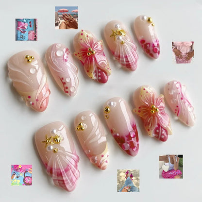 24PCS Strawberry Bow Press On Nails - Red Short Almond Pearl Starlight Floral False Nail Art Tips