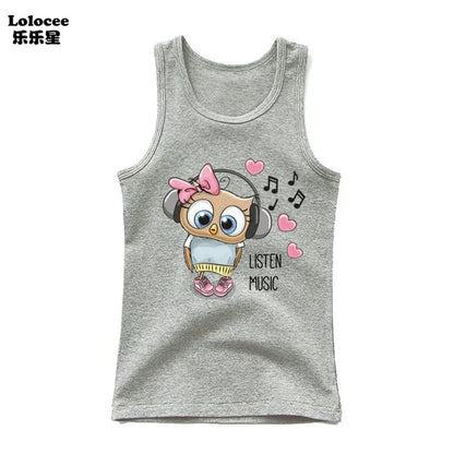 Girls Owl Print Tank Top - Sleeveless Cotton Sports Vest Shirt for Kids 3-14 Years