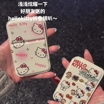 Hello Kitty Folding Makeup Mirror - Portable Mini Pocket Hand Mirror, Leather Desktop Vanity Mirror, Compact Beauty Gift