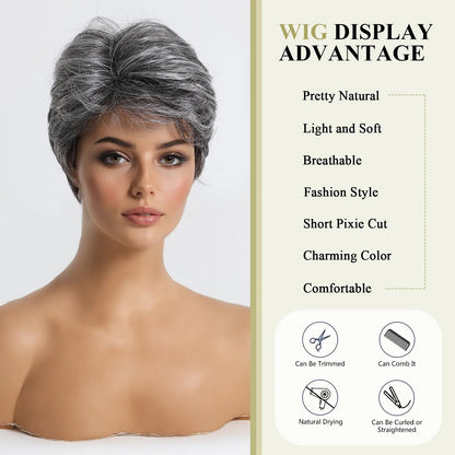 Short Pixie Cut Grey Human Hair Wig – 8 Inch Layered Fashion Wig for Women, Daily Use, Machine Made