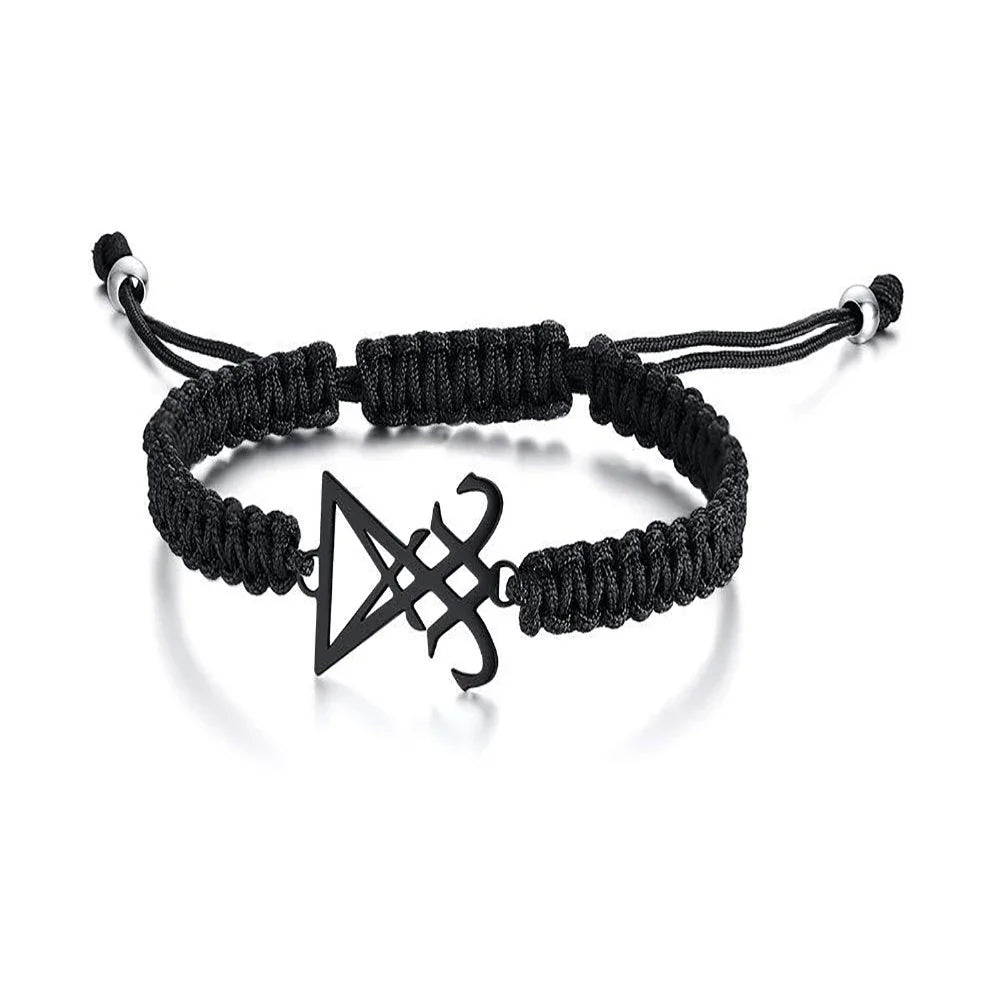 Leviathan Cross Woven Bracelet - Stainless Steel Satanic Style Totem Black Adjustable Knot Wrist Jewelry