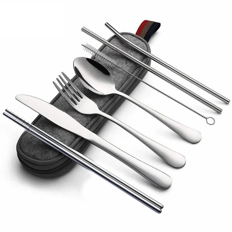 8-Piece Reusable Travel Cutlery Set — Stainless Steel Spoon, Fork, Chopsticks & Straw with Portable Case