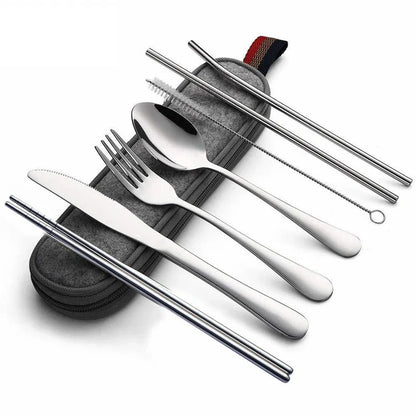 8-Piece Reusable Travel Cutlery Set — Stainless Steel Spoon, Fork, Chopsticks & Straw with Portable Case