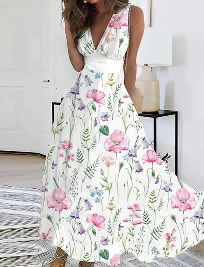 Women's Summer V Neck Maxi Dress - Sleeveless High Waist Elegant Print Dress for Office & Holiday Wear
