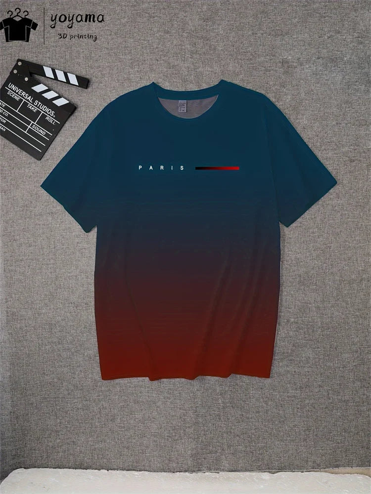 Men's Summer Gradient Print T-Shirt – Fashionable 3D Graphic Round Neck Street & Rock Tops