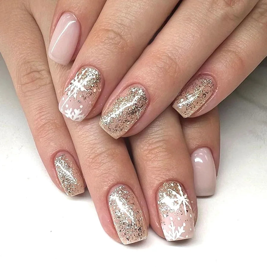 24PCS Short Press On Nails - Shimmer Ballet French Full Cover Artificial Nail Tips for Daily Manicure Style