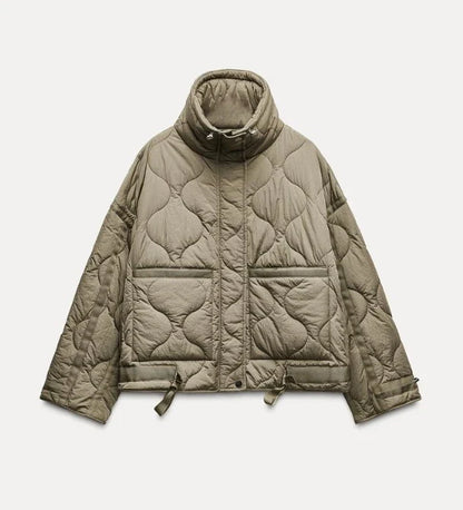 2024 ETJ Quilted Women's Coat – Beige Drawstring High Neck Jacket with Ties & Pockets