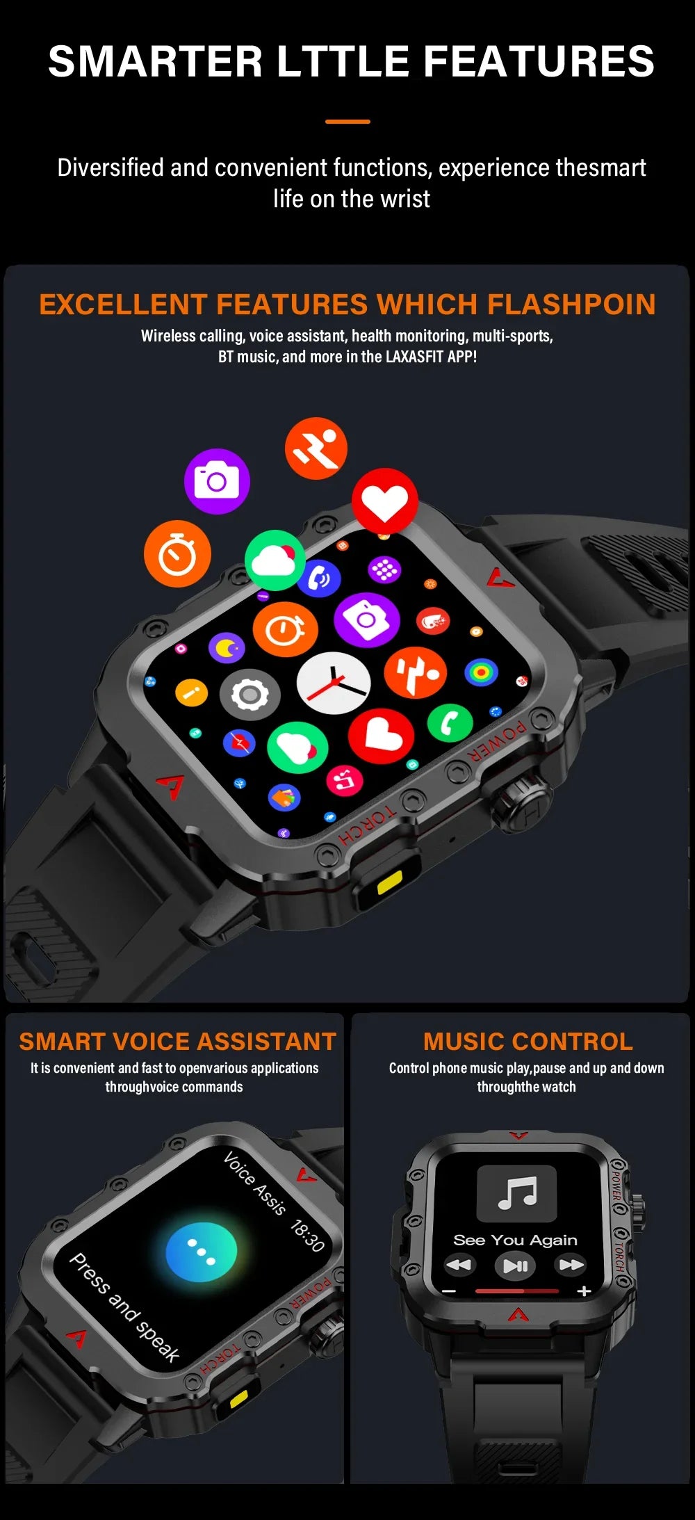LAXASFIT Men’s Smart Watch – LED Flashlight, Outdoor Sports, Health Monitoring Wristwatch