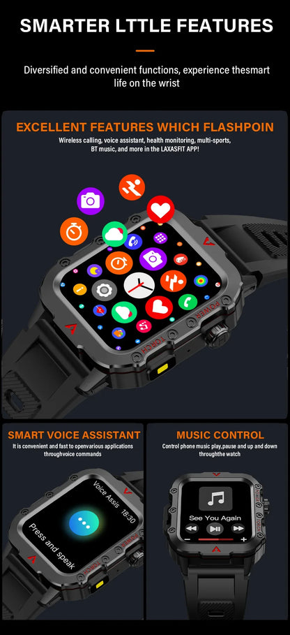 LAXASFIT Men’s Smart Watch – LED Flashlight, Outdoor Sports, Health Monitoring Wristwatch