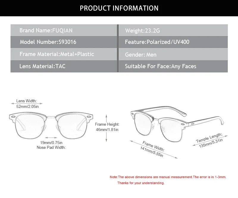 Classic Half Frame Polarized Sunglasses – Retro Rivet Design for Men & Women, Anti-Glare Black Travelling Shades