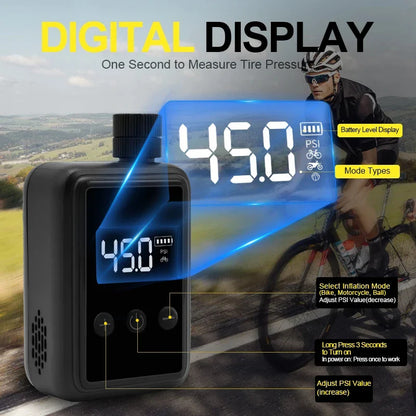 Electric Mini Bike Pump – Portable Bicycle Pump with Digital PSI Pressure Gauge for Motorcycle, MTB, and Road Bike Tires