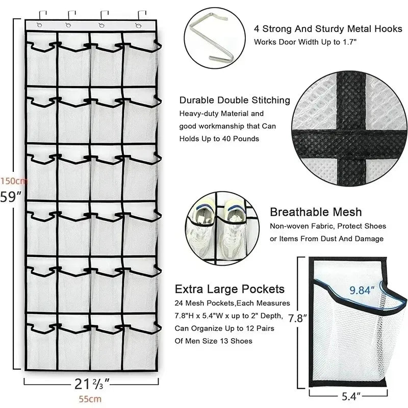 Over The Door Shoe Organizer - 12/24 Pocket Large Mesh Hanging Shoe Rack with Hooks for Bedroom Storage